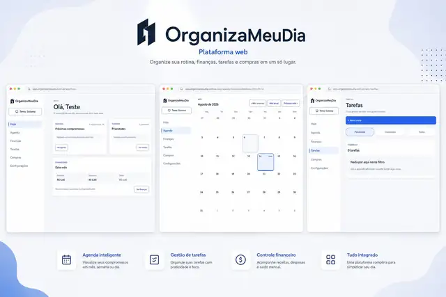 Telas do OrganizaMeuDia mostrando a visão do dia, agenda mensal e tarefas