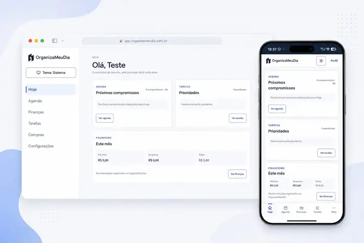 OrganizaMeuDia em desktop e celular, mostrando agenda, tarefas e organização financeira
